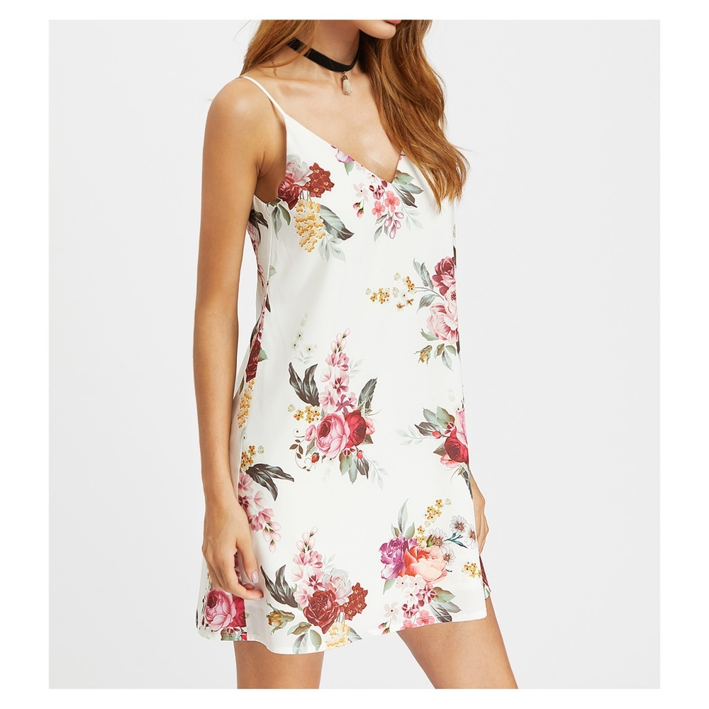 White Floral Spaghetti Straps Cami Slip Dress - Picture 3 of 5